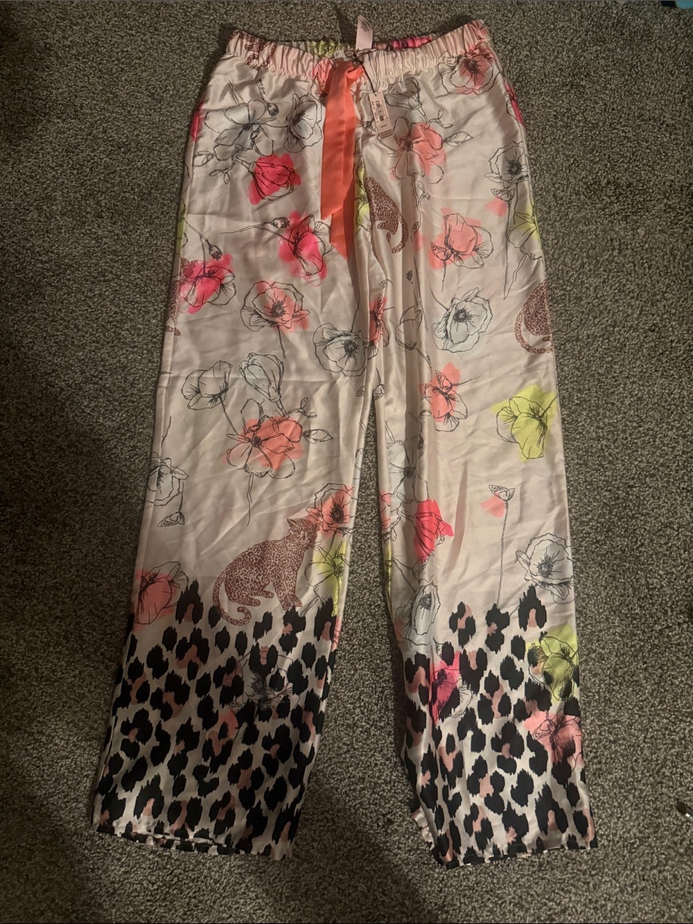 Floral & Leopard Print Satin Lounge Pants - Pink, Coral, Yellow